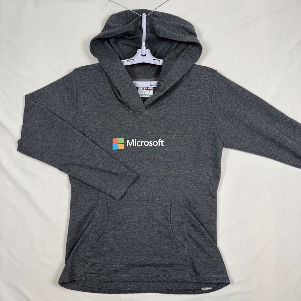 Microsoft Anvil Womens Small Gray Pullover Hoodie Tech Logo Sweatshirt Pocket